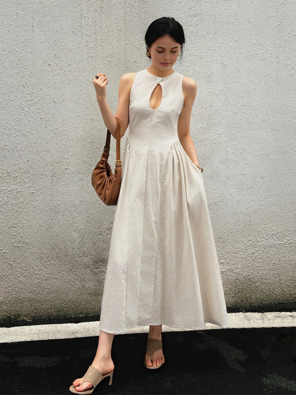 Commense Off White Cotton & Linen Pleated Cutout Long Dress size L